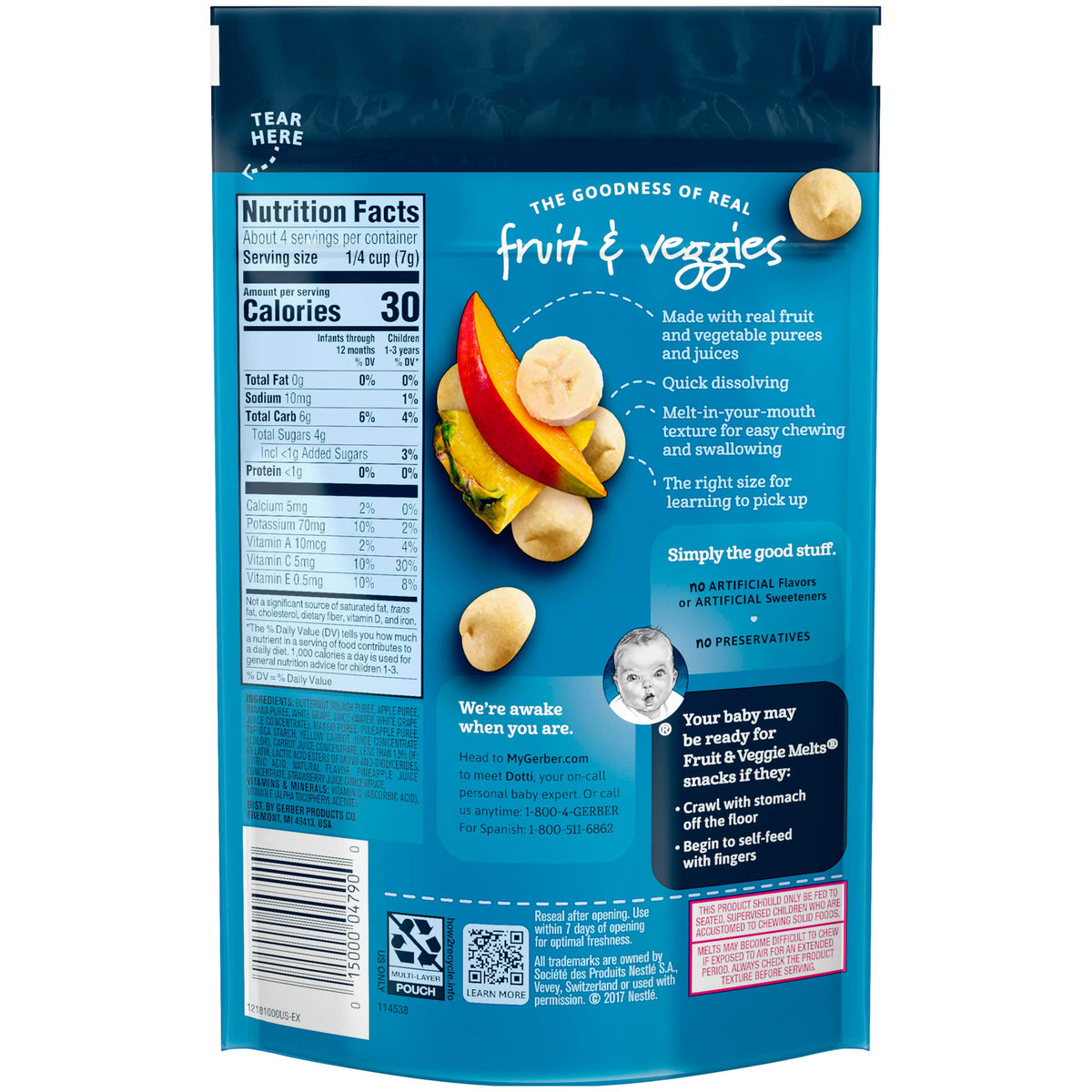 Gerber Fruit & Veggie Melts Freeze-Dried Fruit & Vegetable Snacks, Truly Tropical Blend, 1 Ounce, 3 Pack