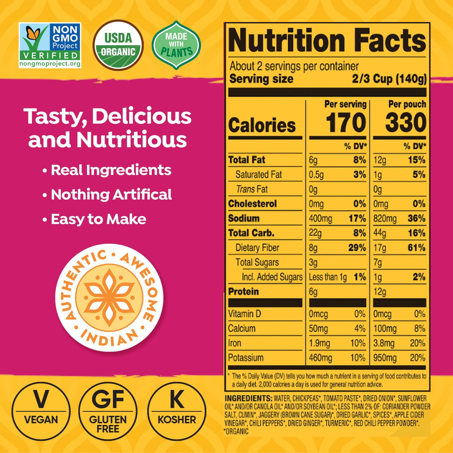 Tasty Bite Organic Channa Masala, 10 oz (Pack of 6) – Ready to Eat, Vegan & Gluten Free Microwavable Entree