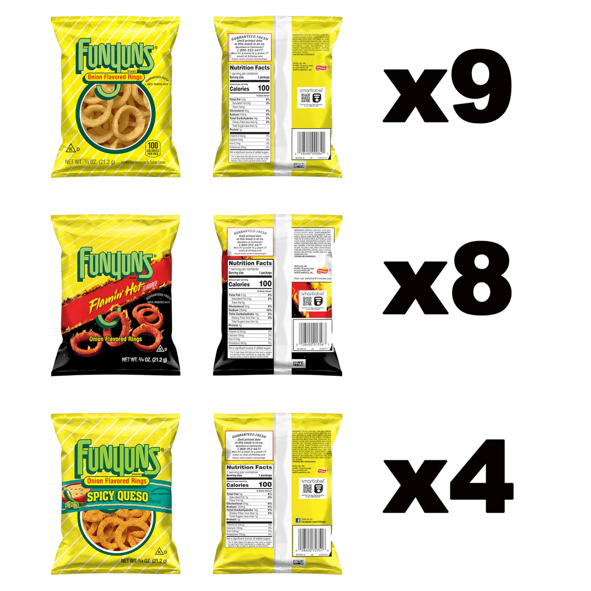 Funyuns Onion Flavored Rings, 3 Flavor Variety Pack, 0.75 Ounce (Pack of 21)
