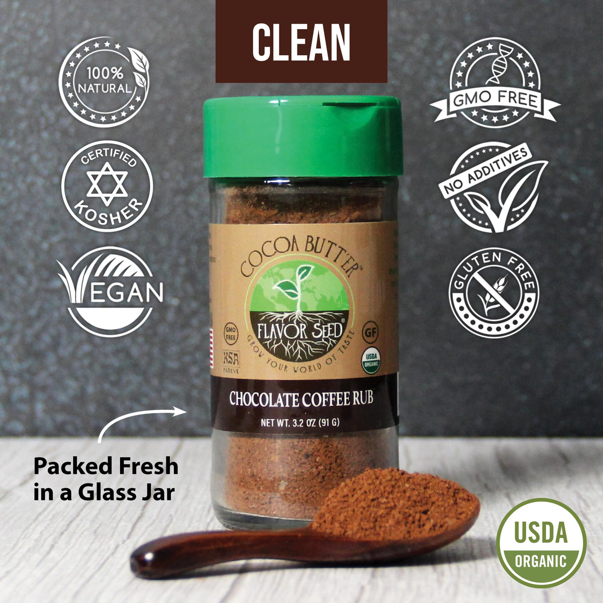 Flavor Seed Organic Butt Rub Seasoning & Chocolate Coffee Brisket Rub, 3.2 oz Shaker Jar, Non-GMO, Preservative Free