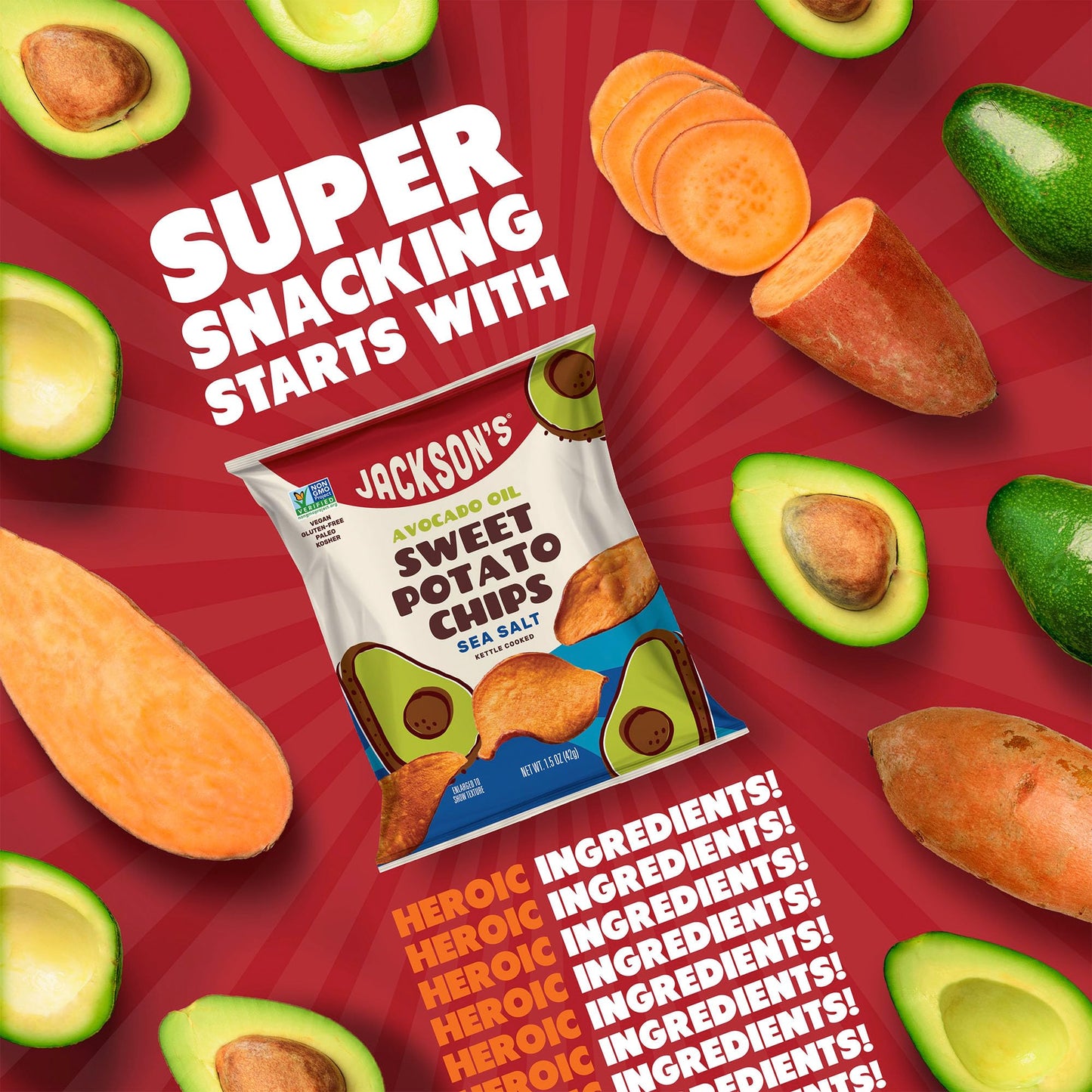 Jacksons Sweet Potato Kettle Chips Variety Pack, Sea Salt, Ranch, BBQ, 1.5 oz (Pack of 10), Gluten Free, Vegan
