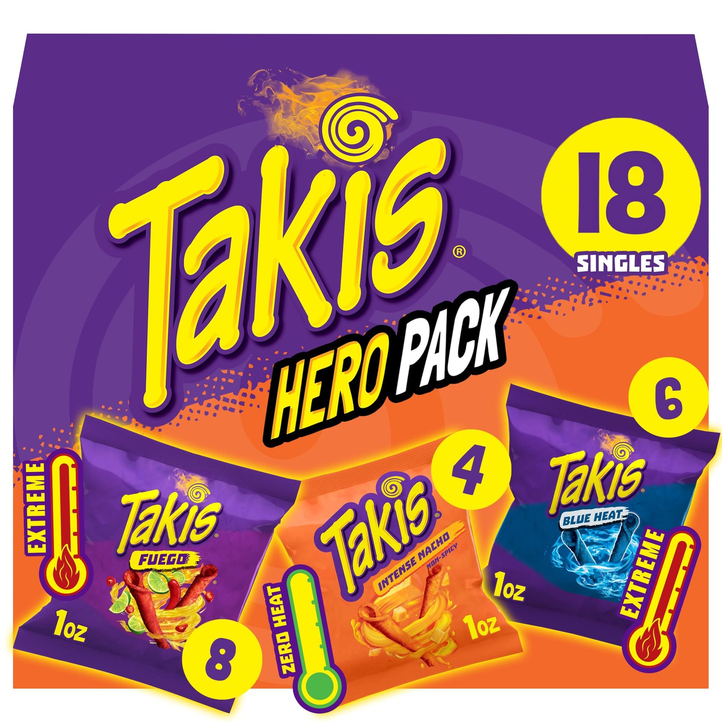 Takis 18 pc / 1 oz Hero Variety Pack  Assorted Flavored Mixed Rolled Tortilla Chips - (8) Fuego 1 oz  (6) Blue Heat 1 oz  (4) Intense Nacho 1 oz