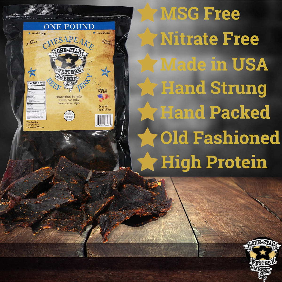 Lone Star Beef Jerky - Hickory Smoked - High Protein Snack - 16 Ounce Resealable Bag