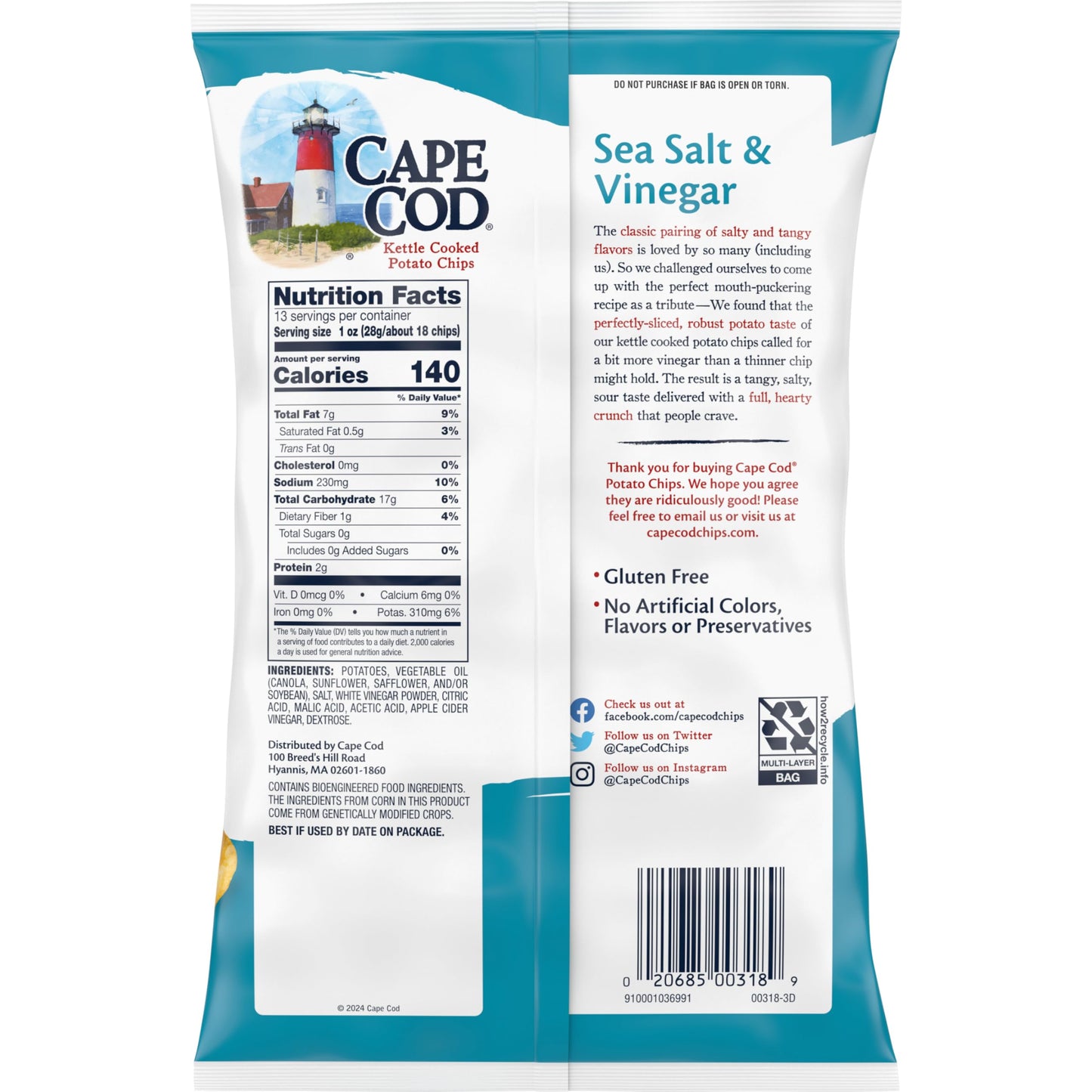 Cape Cod Potato Chips Sea Salt & Vinegar Kettle Chips 13 Oz Party Size