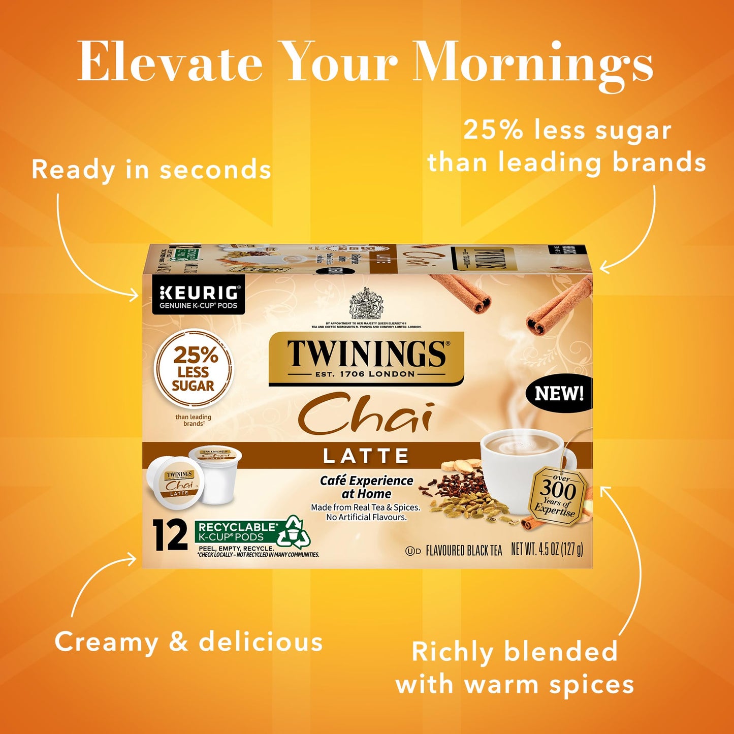Twinings Chai Latte Black Tea 72 K-Cup Pods for Keurig, 12 Count (Pack of 6), Creamy, Slightly Sweet, Less Sugar, Caffeinated, E