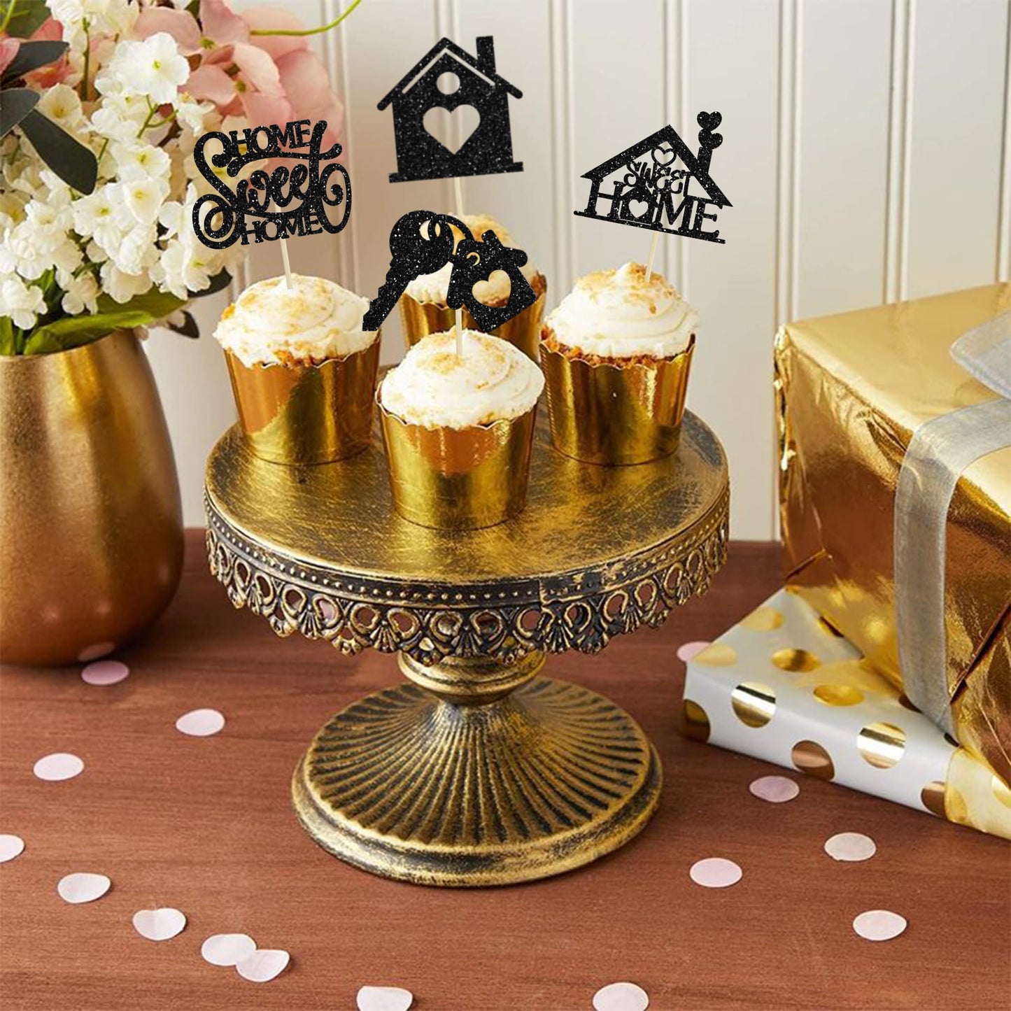 Ephlyn 24Pcs Cupcake Toppers Silver Glitter Key Lock Housewarming Cake Decorations 2.6x4.3 inches Paper