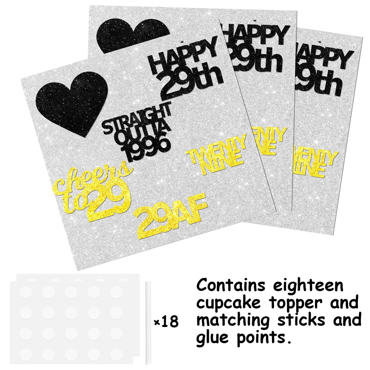 18Pcs Black Gold Glitter Dessert Cupcake Pick For Straight Outta 1996 Cheer To 29 Years Old Theme Decor Supplies Happy 29Th Birt