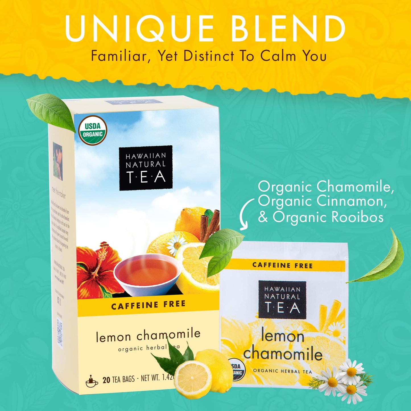 HAWAIIAN NATURAL T·E·A Organic Lemon Chamomile Tea - Caffeine Free Herbal - 60 Tea Bags - Calming, Relaxing for Bedtime