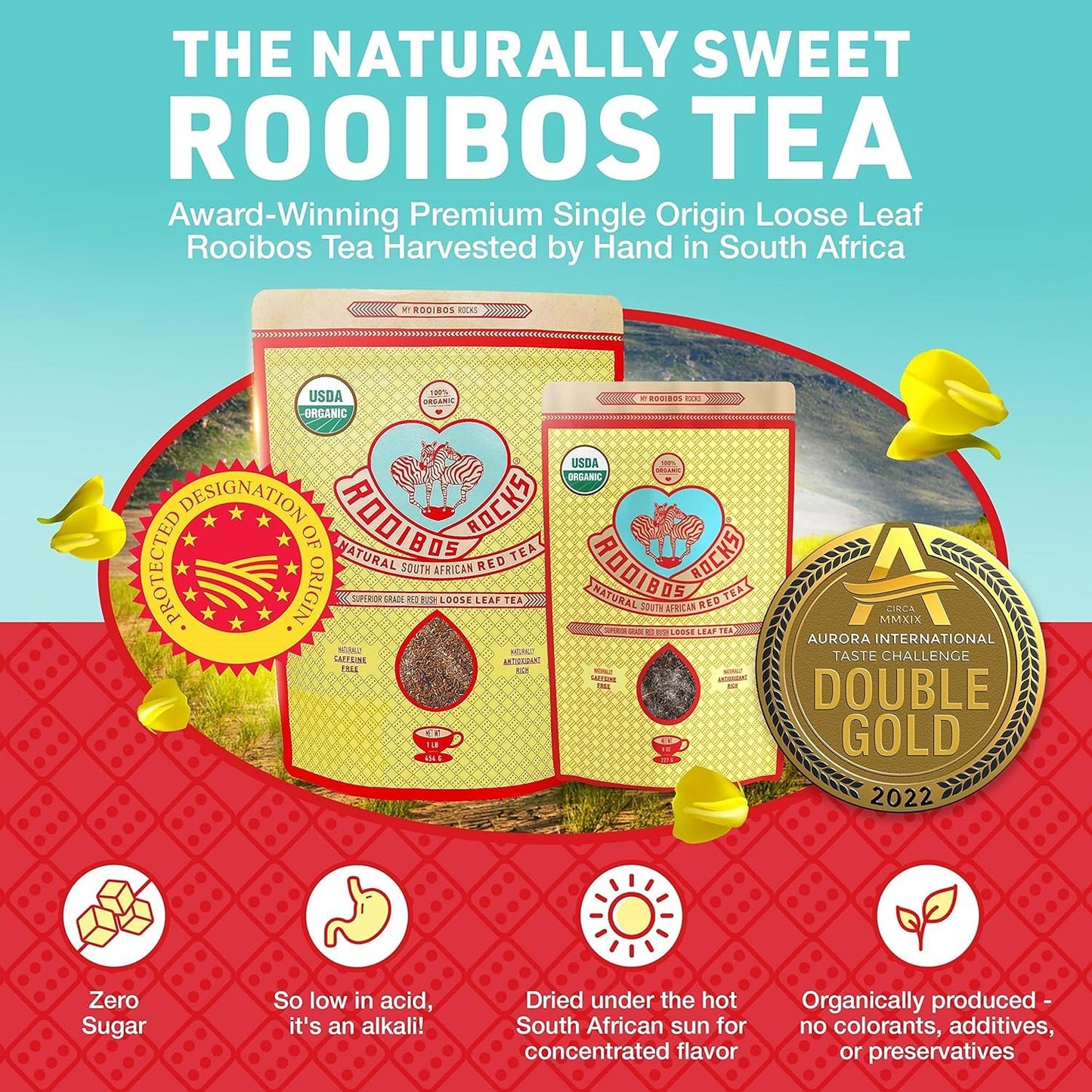 ROOIBOS ROCKS Naturally Sweet Organic Rooibos Tea - Caffeine Free, 16 oz Loose Leaf, Earthy Red