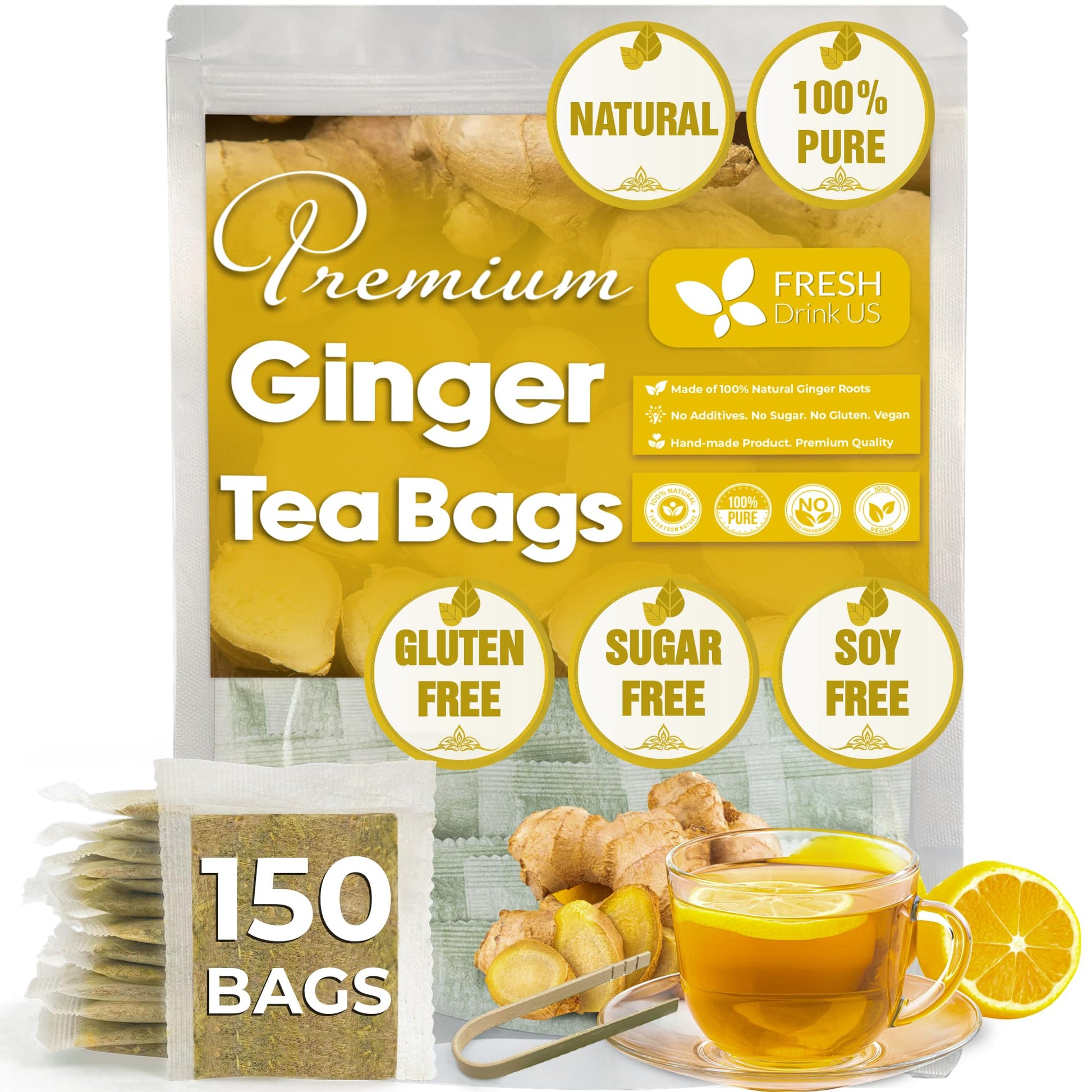 FRESHDRINKUS Premium Ginger Tea Bags, Non-GMO, Natural & Pure, 150 Count, Caffeine-Free, Vegan, Herbal Tea
