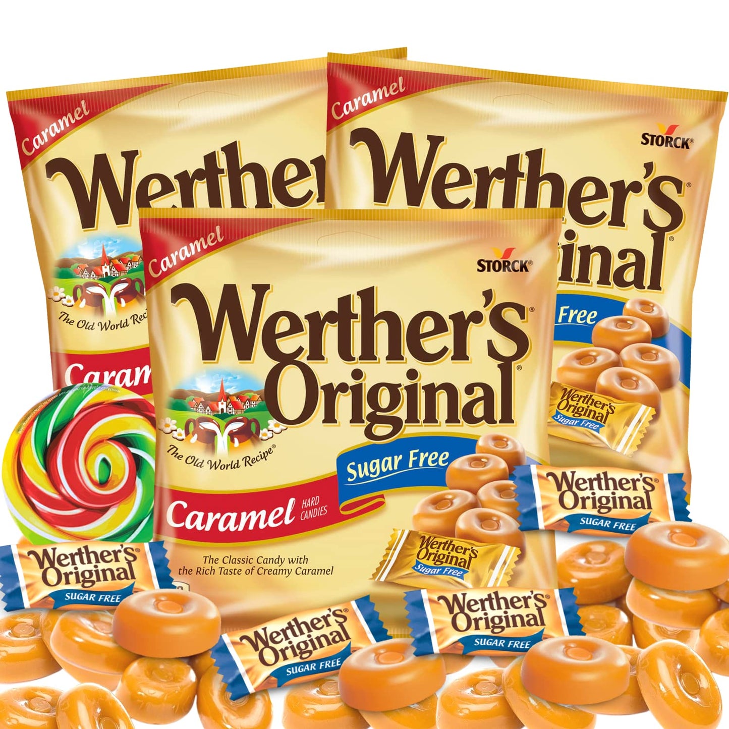 Werthers Original Caramel Sugar Free Hard Candies, Individually Wrapped Snacks for Adults, Gift Basket Stuffers, Pack of 3, 1.4