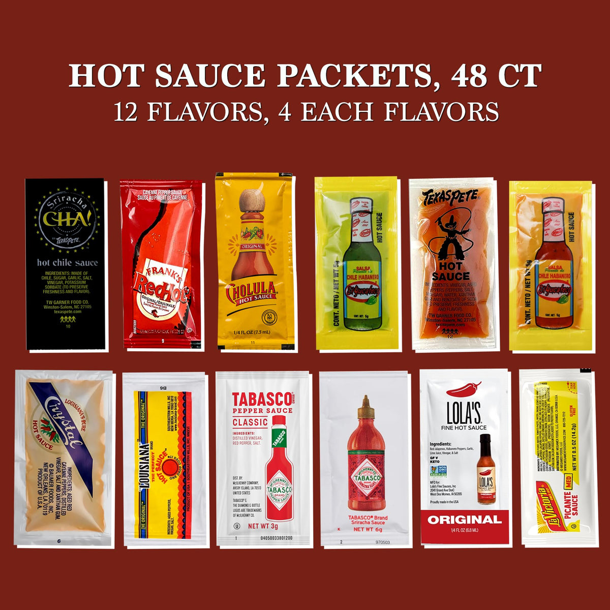 Hot Sauce Variety Pack Of 48 Condiment Packets. 4 Each Of 12 Flavors Care Package Gift Basket By Rebel Smuggling Galactic Emporium