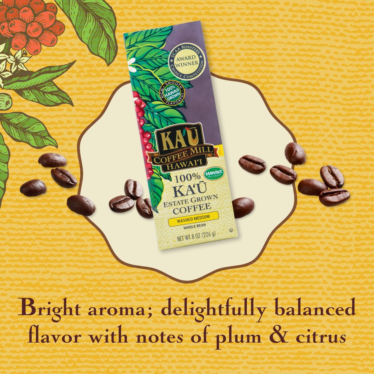 KA`U COFFEE MILL Washed Medium Roast Whole Bean Coffee - Plum & Citrus Notes - 8oz