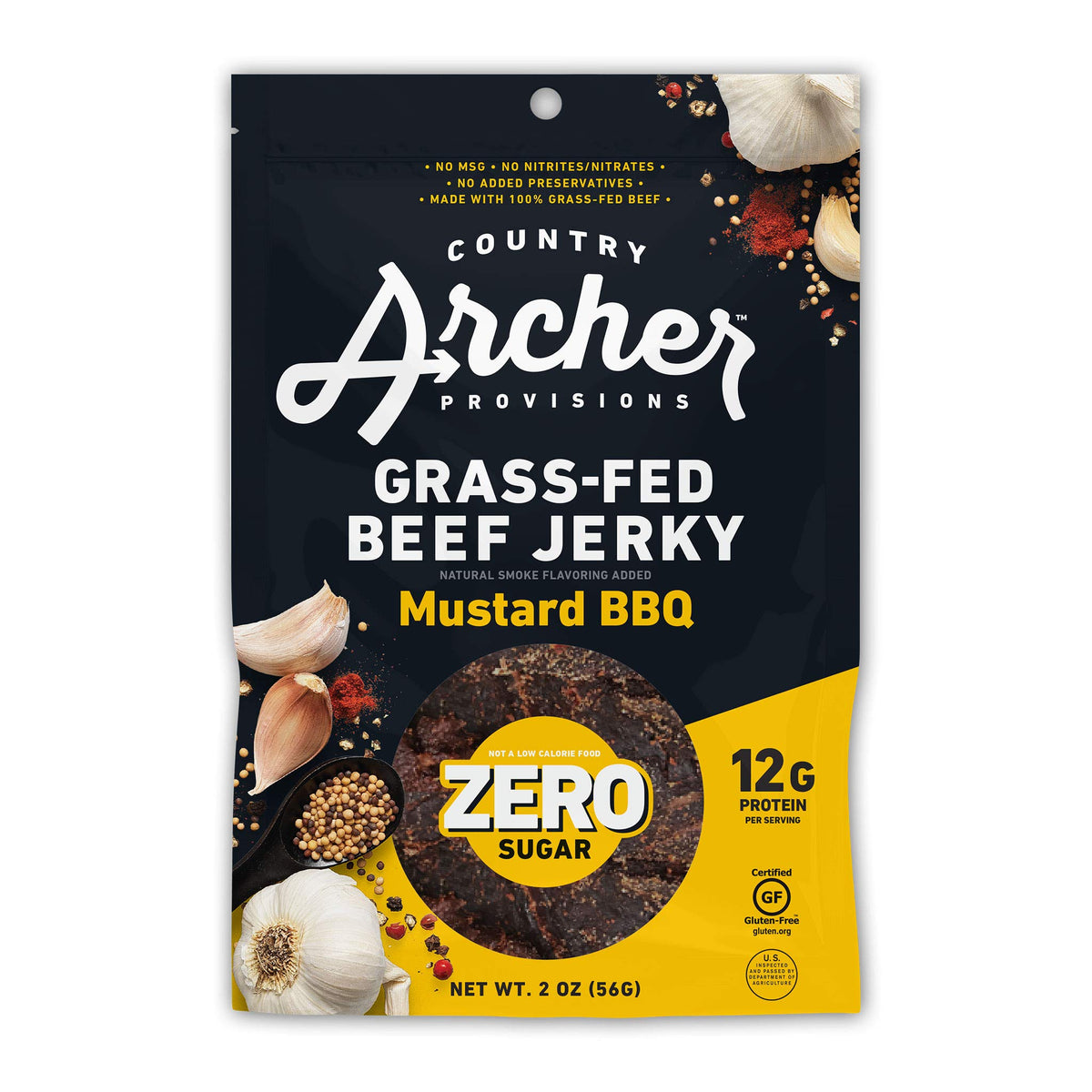 Country Archer Grass Fed Beef Jerky Mustard BBQ - Zero Sugar Beef Jerky, Sugar Free Beef Jerky Snack Pack, Mustard BBQ Beef Jerk