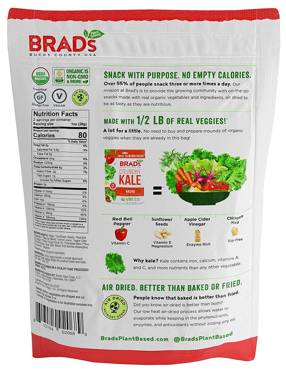 Brads Plant Based Organic Crunchy Kale, Nacho, 6 Bags, 12 Servings Total