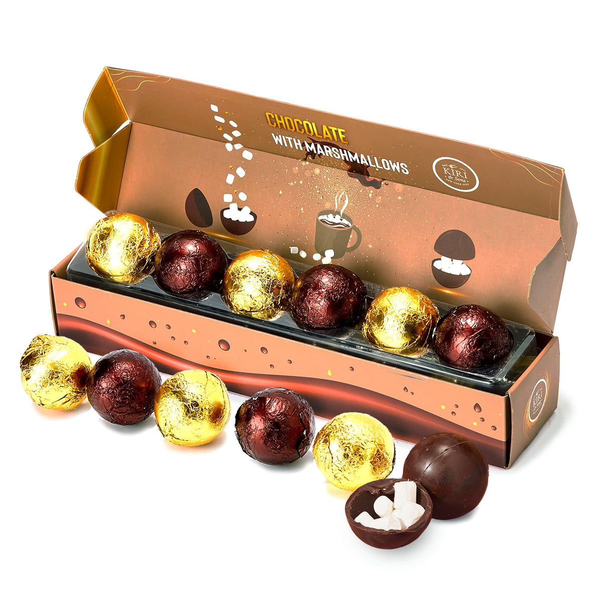Kiri & Sons Hot Chocolate Boms - Set of 6 Cocoa Melts Marshmallow Balls - Caramel & Fudge Brownie Flavors - Classic Milk Chocolate