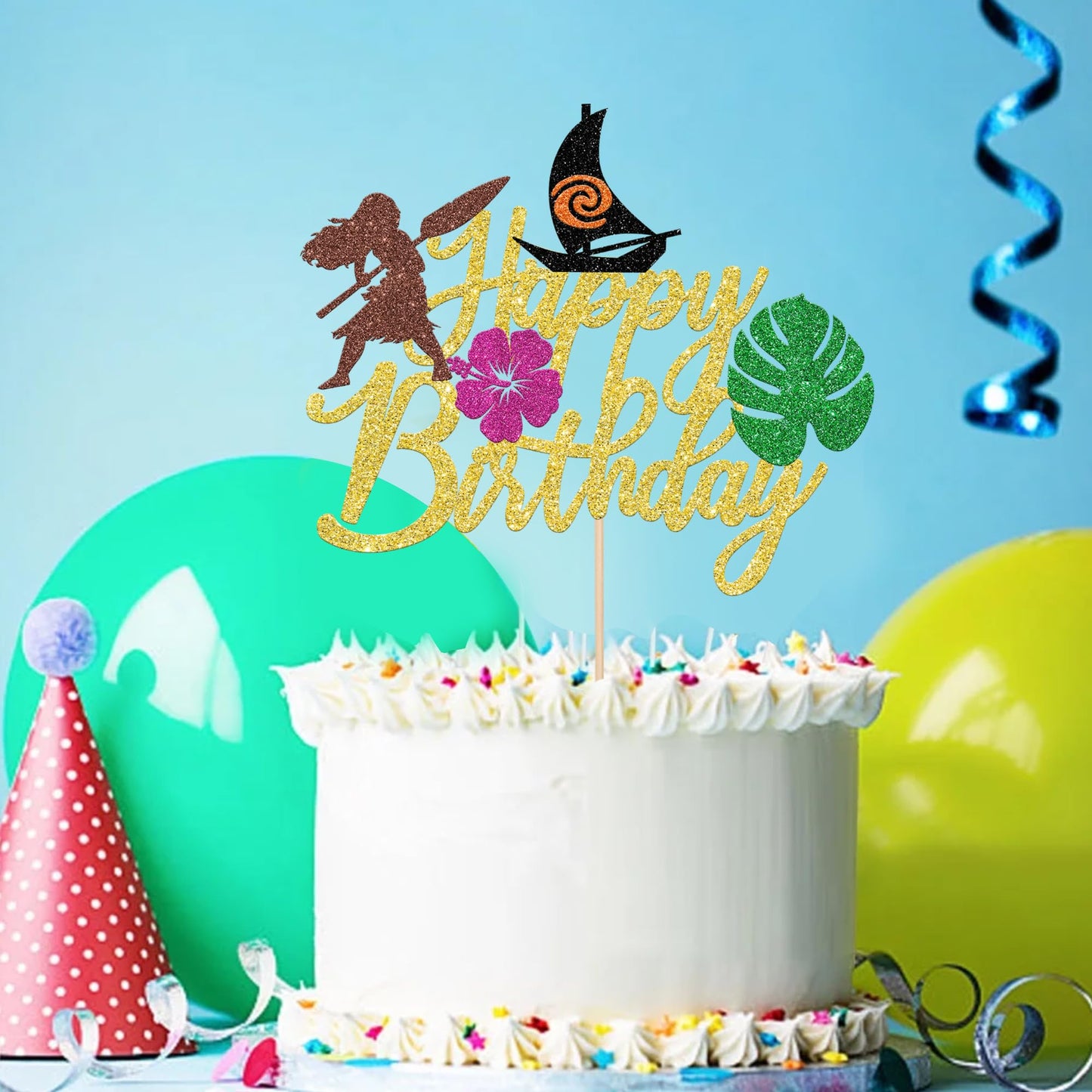 ZHUOWEISM Moana Birthday Cake Topper - Tropical Luau Decorations, Palm Leaf & Flower Design, Gold