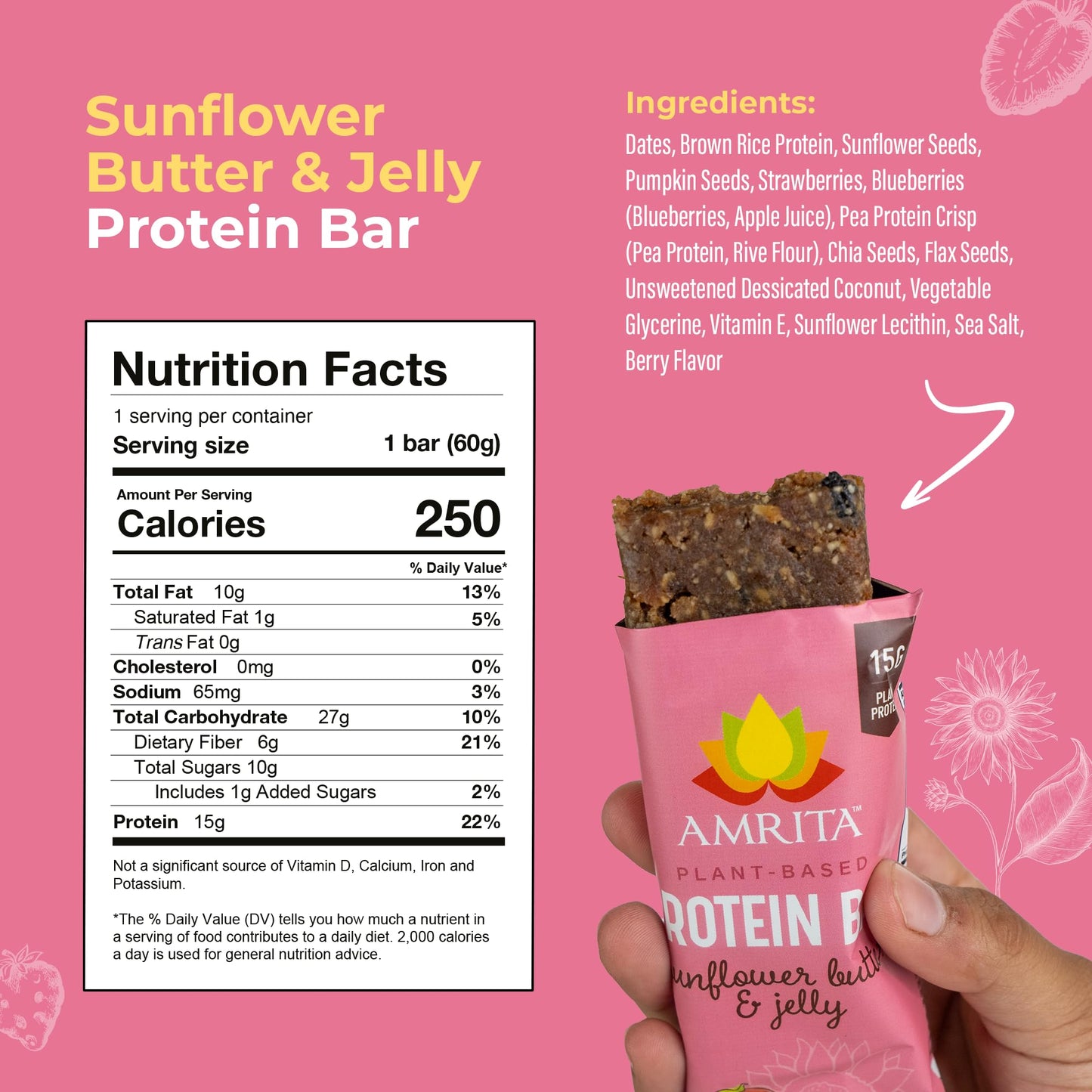 Amrita Nut Free Vegan Protein Bars, Sunflower Butter & Jelly, 15g Protein, 12 Count (Pack of 3), Gluten-Free, Dairy-Free, No Added Sugar