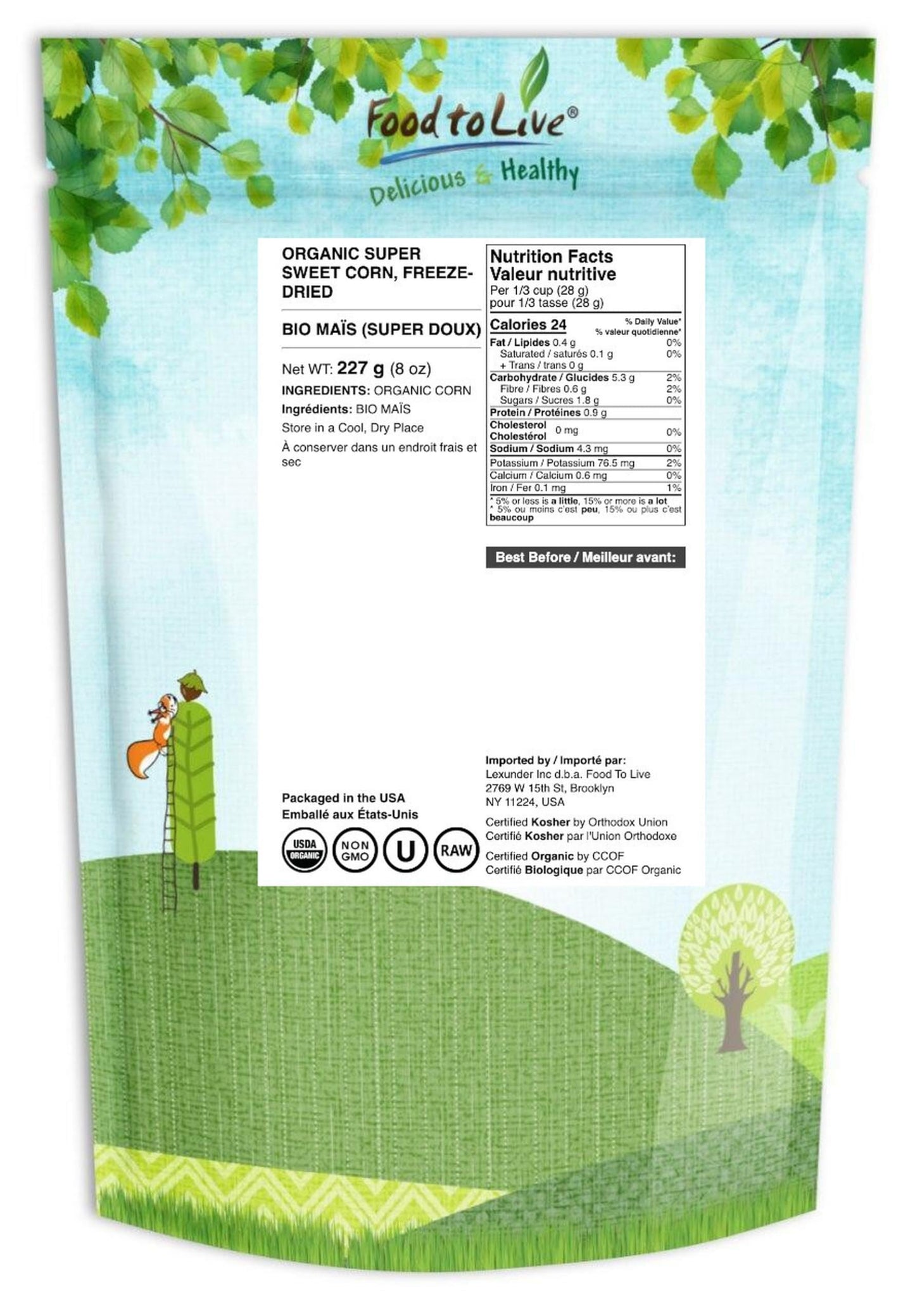 Food to Live Organic Super Sweet Corn - Freeze-Dried Kernels, Non-GMO, Kosher, 8 Ounces