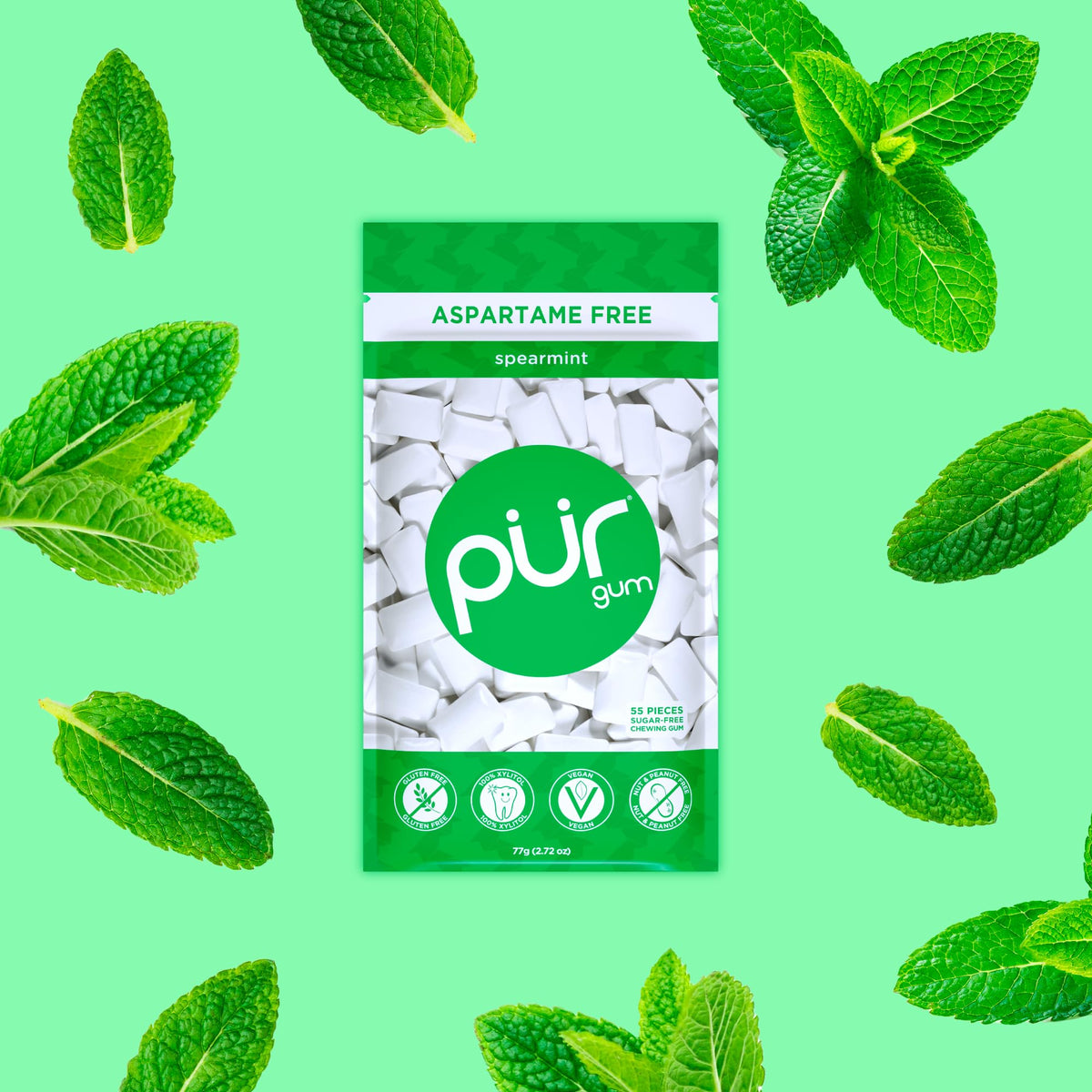 Pur Gum | Aspartame Free Chewing Gum | 100% Xylitol | Natural Spearmint Flavored Gum, 55 Pieces (Pack Of 3)