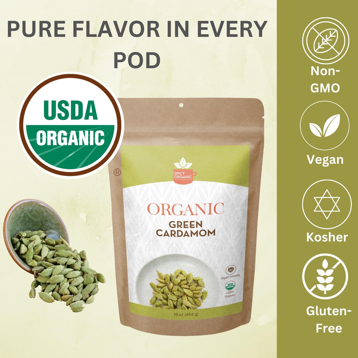 SPICY ORGANIC Green Cardamom Pods - 3 lb - Whole Cardamon Seeds for Authentic Spice Flavor, Natural Cardamon Pod for Tea, Cookin