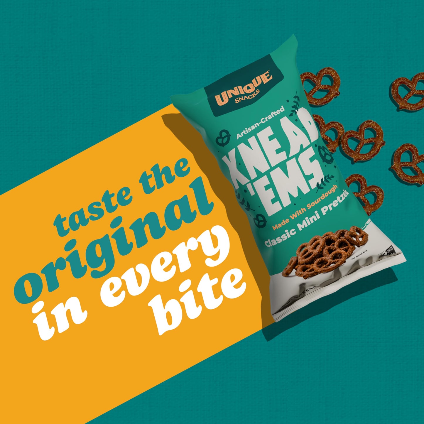 Unique Snacks Knead Ems Sourdough Mini Pretzels, Artisan Vegan Snack, Non-GMO, Kosher, 11 oz Bags, 3 Pack