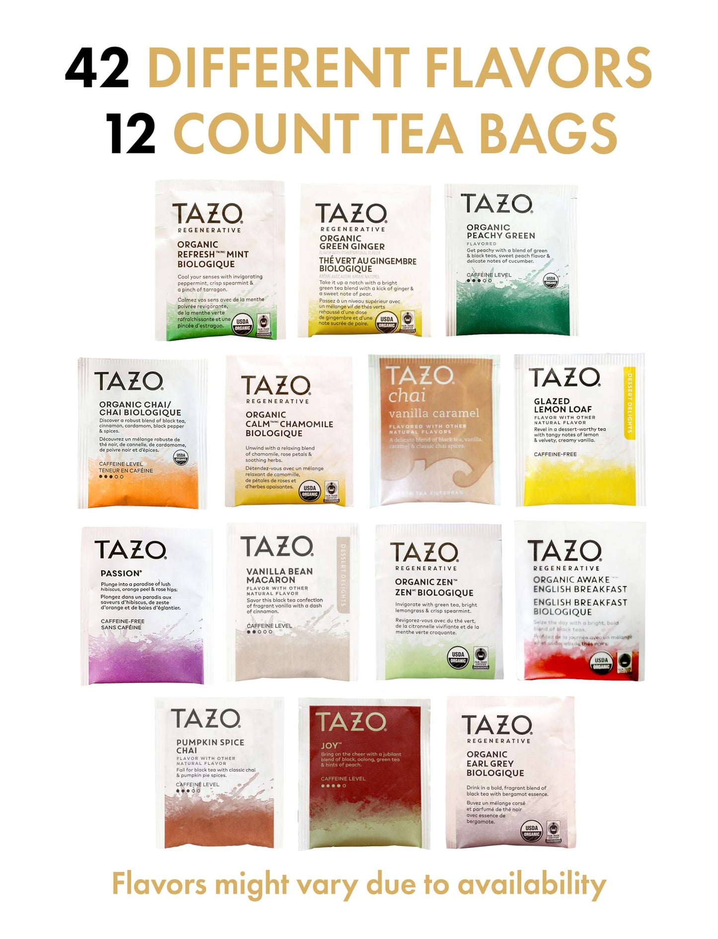 TAZO Tea Bags Sampler Assortment Gift Box - 42 Count, 14 Flavors - Perfect for Tea Lovers, Couples, Family & Friends
