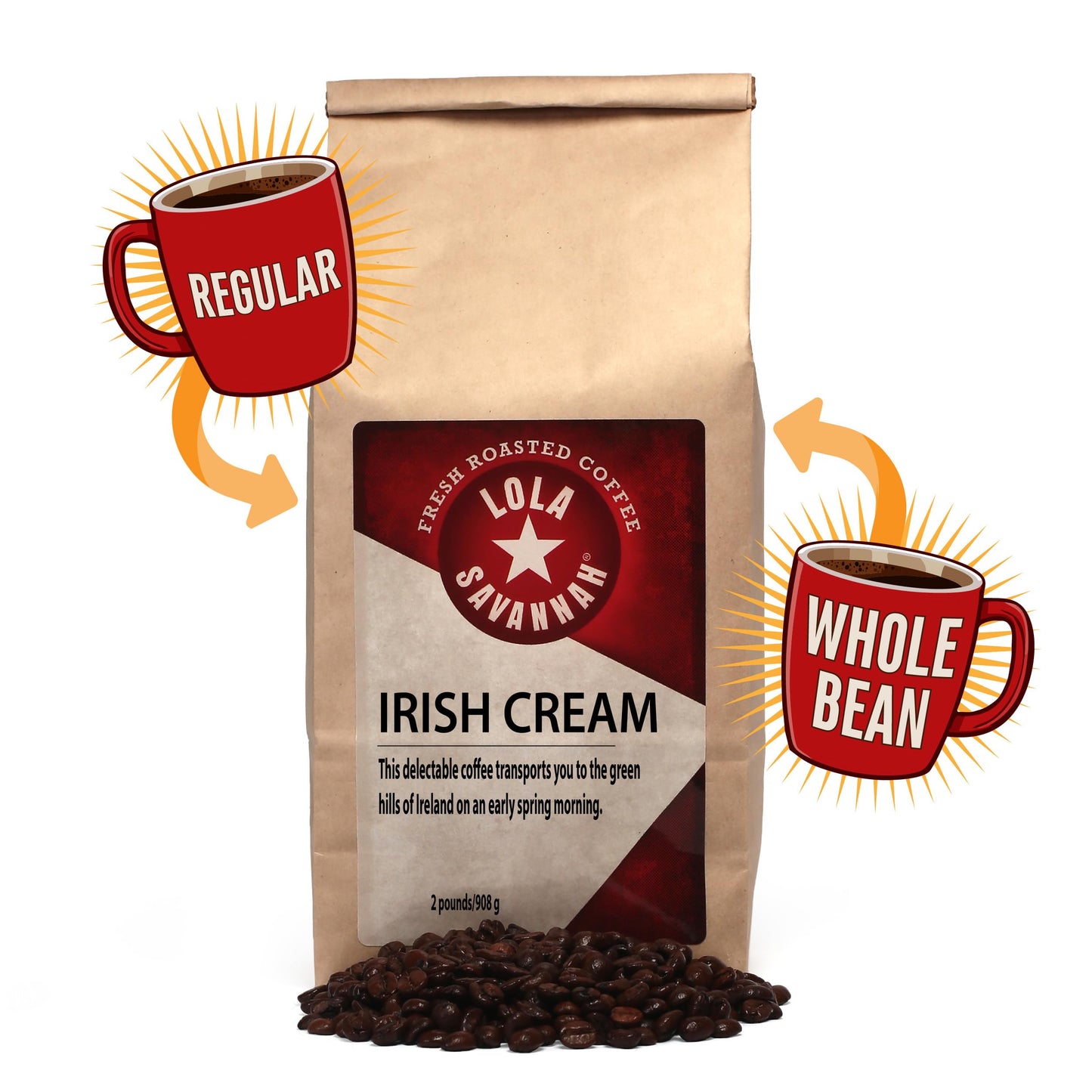 Lola Savannah Irish Cream Whole Bean Coffee, Caffeinated, 2lb Pack