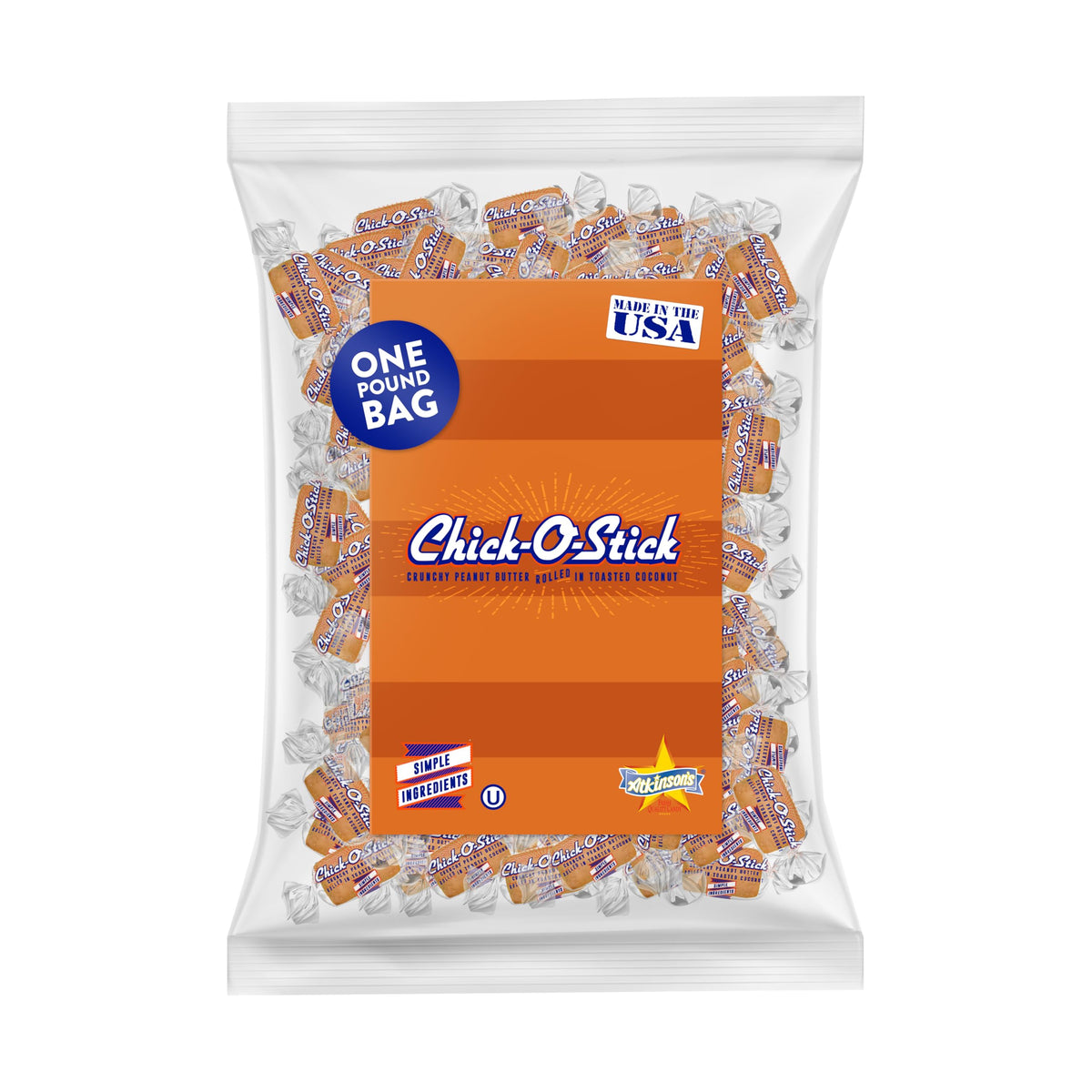 Atkinsons Chick-O-Stick Nuggets Peanut Butter Coconut Candy 1 lb Laydown Bag