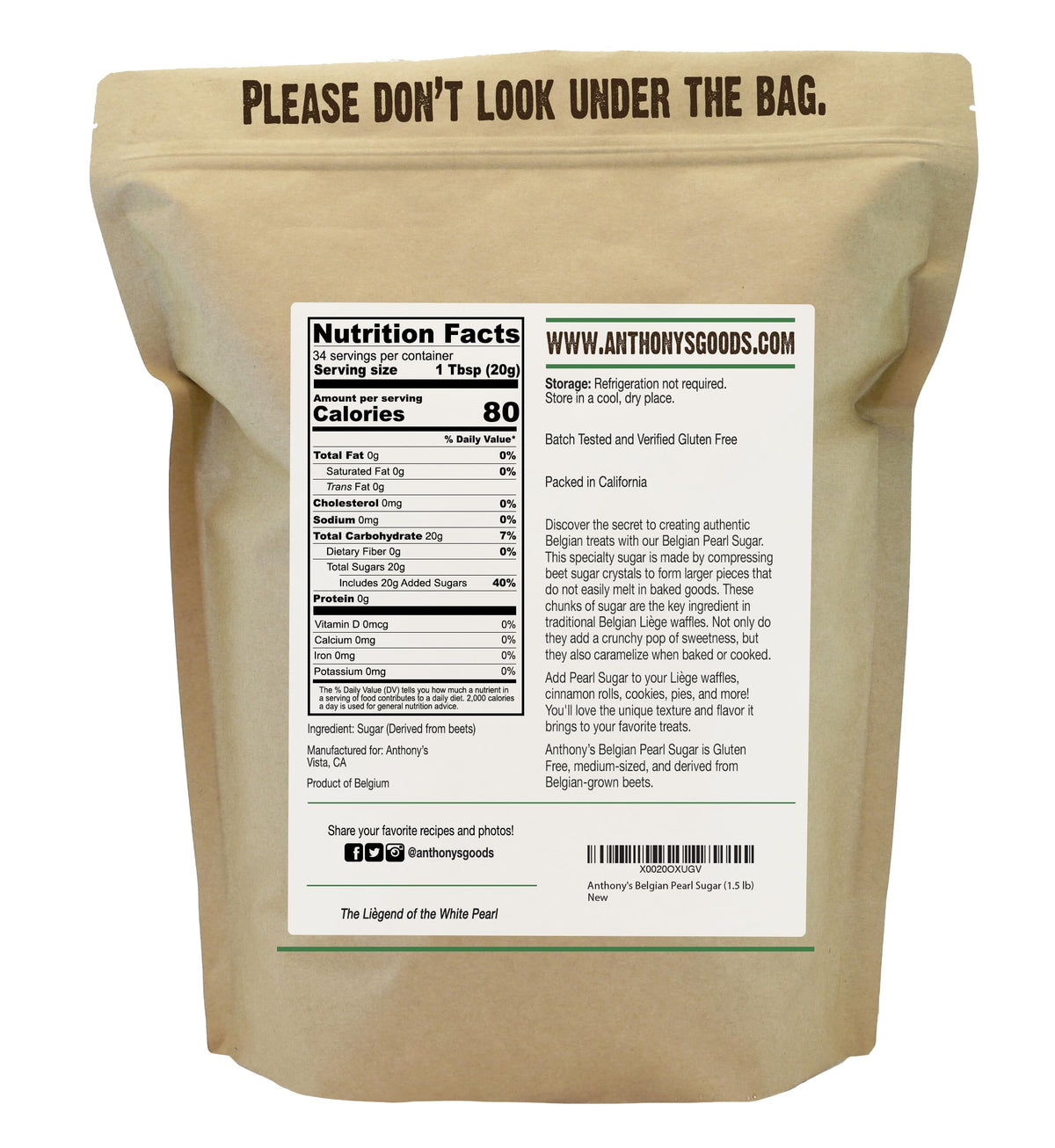 Anthonys Belgian Pearl Sugar, 1.5 lb, Batch Tested and Verified Gluten Free, Medium Sized Pearls