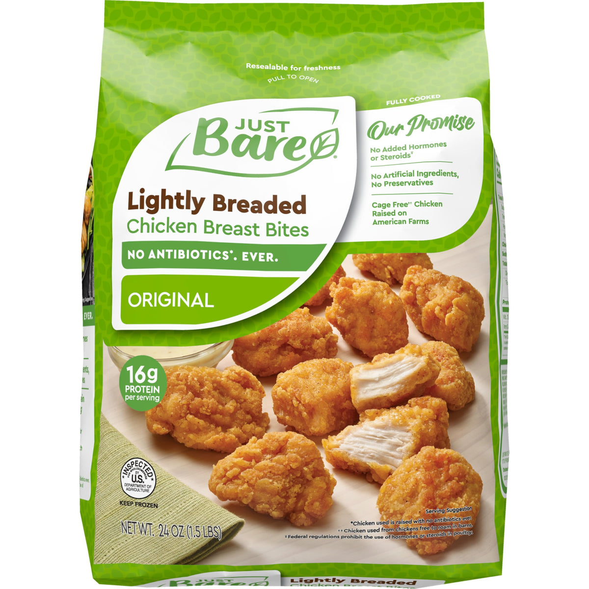 Just Bare Chicken Lightly Breaded Breast Bites| Fully Cooked | 16 G Protein Frozen | 1.50 LB, 24 Ounce