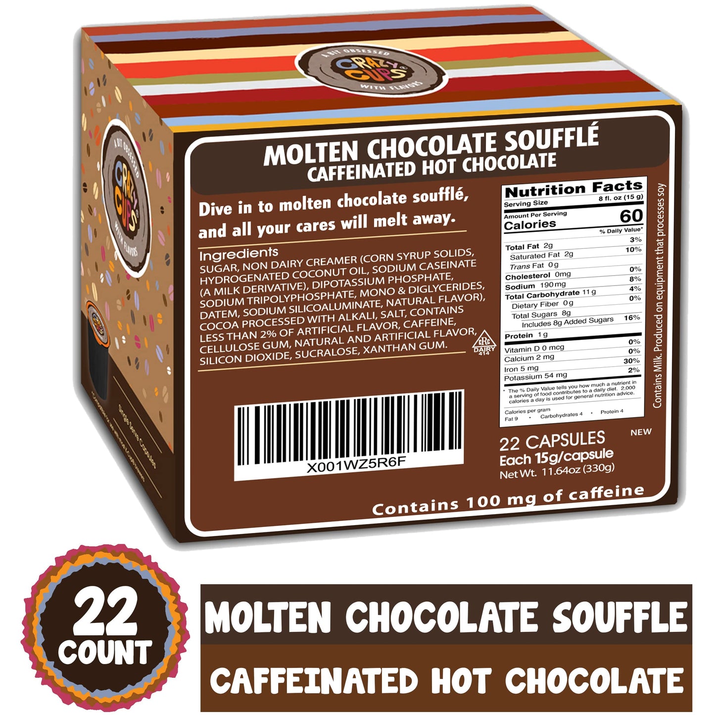 Crazy Cups Caffeinated Hot Chocolate Pods, 22 Count, Coffee Substitute for Keurig K Cups, Molten Chocolate Souffle Flavor