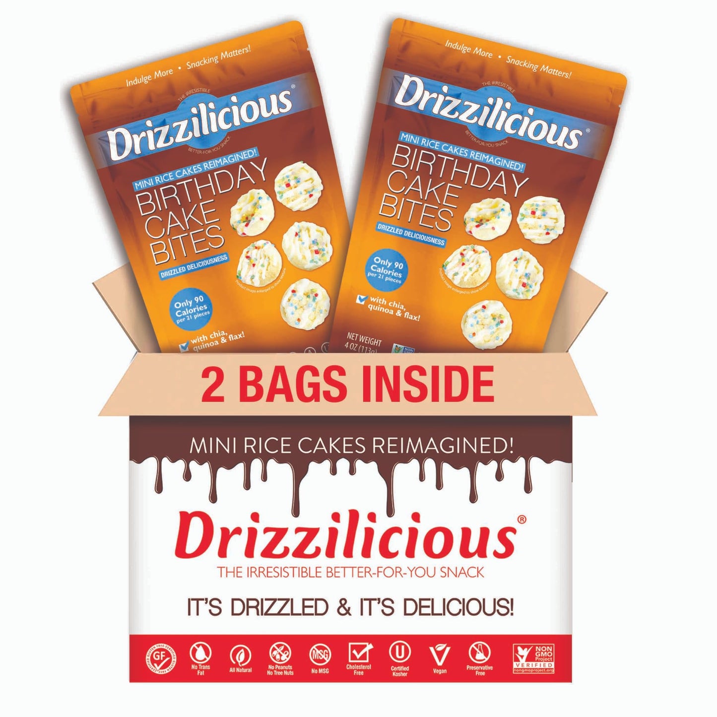 Drizzilicious Mini Rice Cakes - Vegan, Gluten Free, 90 Calories, 4 oz (Pack of 2)