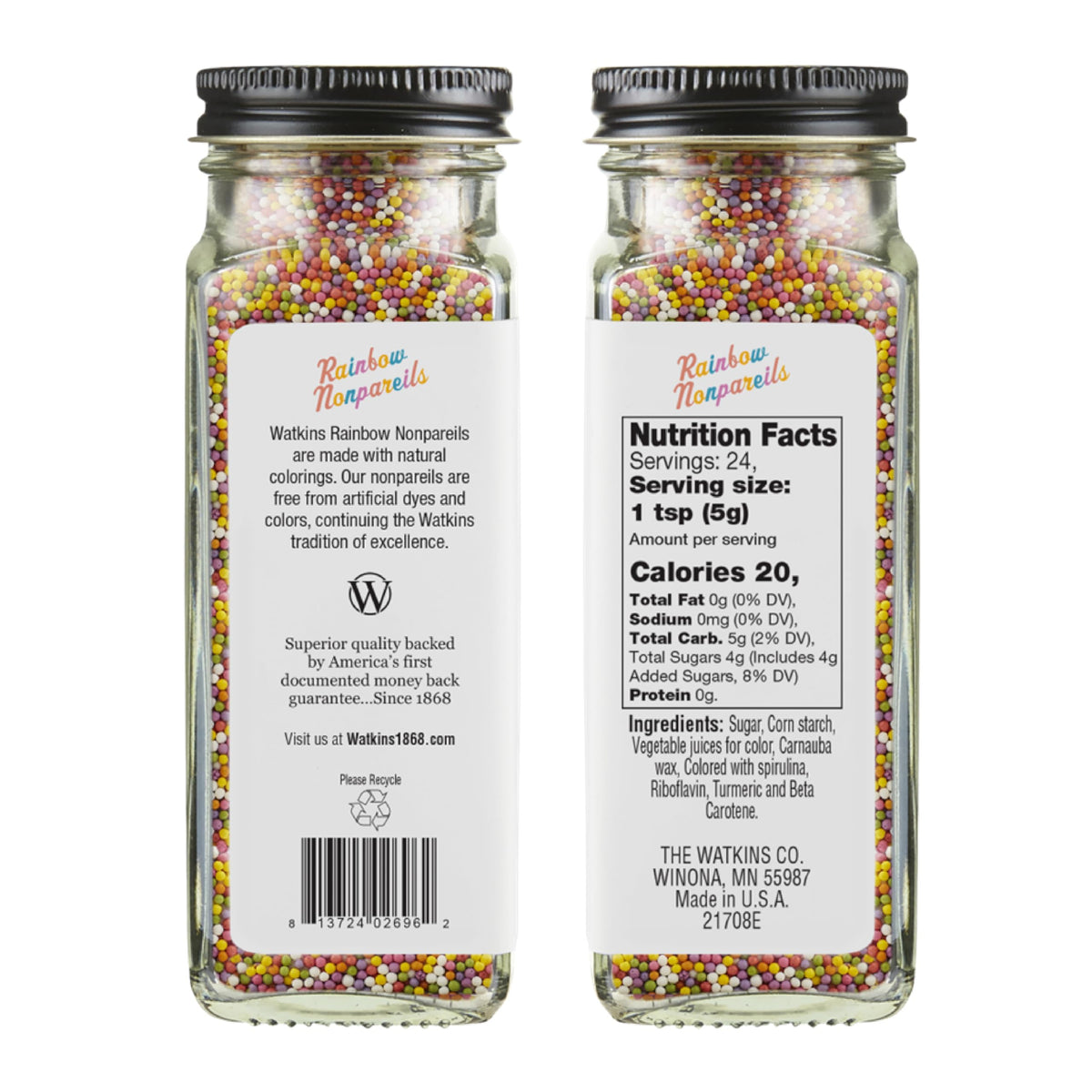 Watkins Gourmet Decorating Sprinkles, Rainbow Nonpareils, 4.2 Oz. Jar, 1 Count