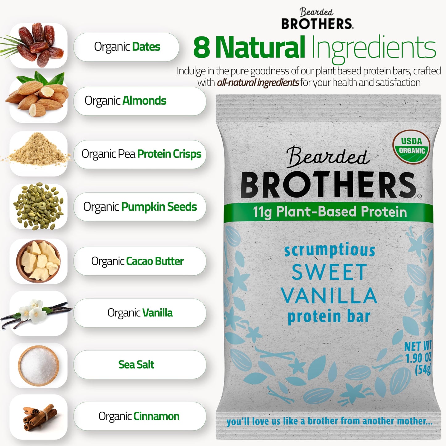 Bearded Brothers Organic Protein Bars, Dark Chocolate And Vanilla (10 Pack) - Plant Based Protein, Gluten Free, Vegan