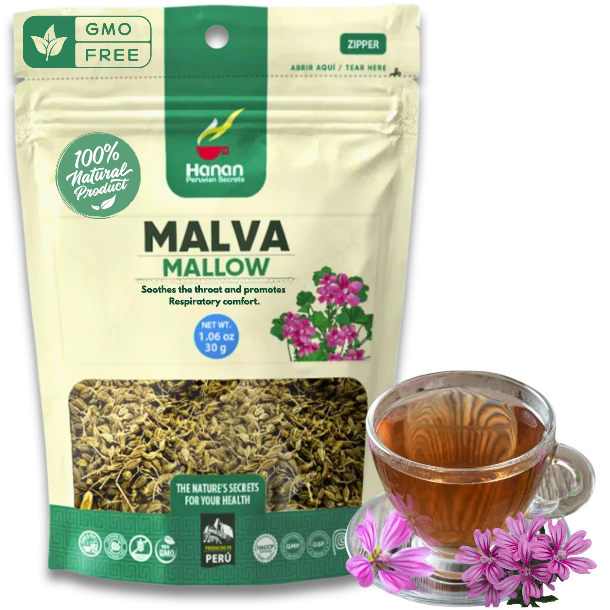 Hanan Loose Leaf Herbal Tea, Malva (Mallow), 1.1oz / 30g Dried Leaves from Peru