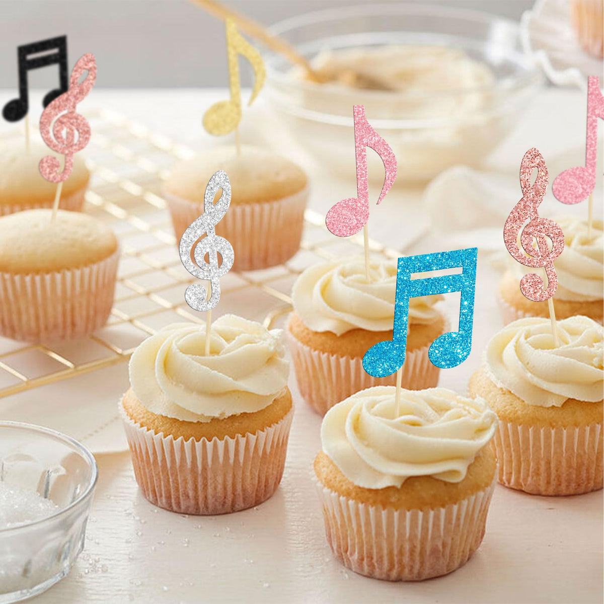Gyufise 24Pcs Music Notes Cupcake Toppers Glitter Musical Symbol Cupcake Picks For Rock Music Concert Theme Baby Shower Wedding