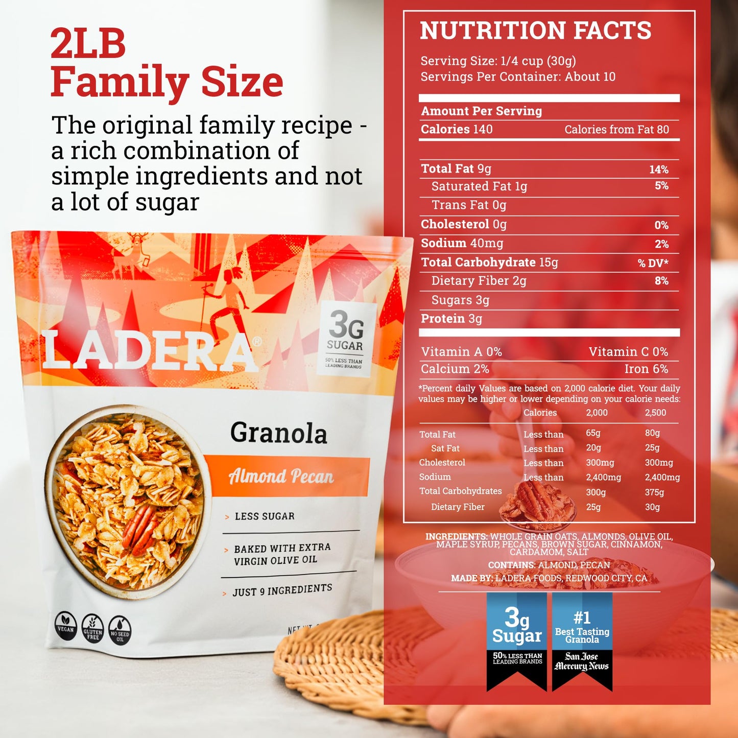 Ladera Foods Almond Pecan Granola, Low Sugar, Gluten Free & Vegan, 2 lb Family Pack