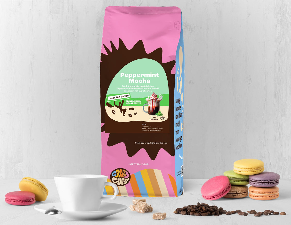 Crazy Cups Flavored Ground Decaf Peppermint Coffee, Decaffeinated Peppermint Mocha Coffee In 10 Oz Bag, For Brewing Flavored Hot
