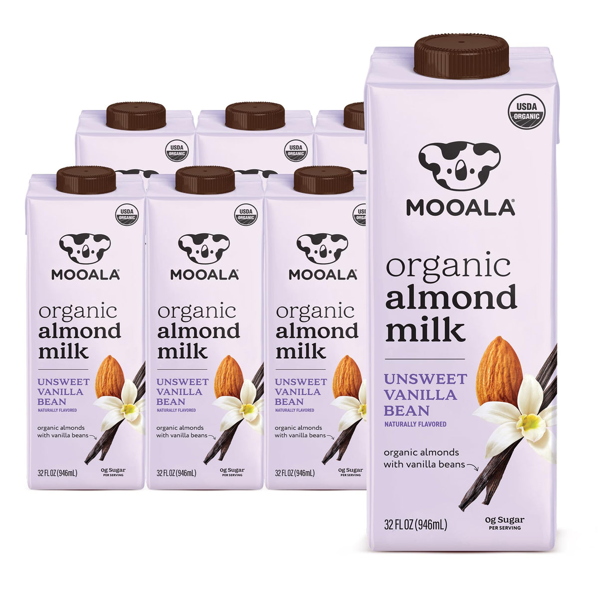 Mooala Organic Vanilla Bean Almond Milk Unsweetened 32 fl oz (Pack of 6) - Shelf-Stable, Lactose Free, Gluten-Free, Vegan, No Ad