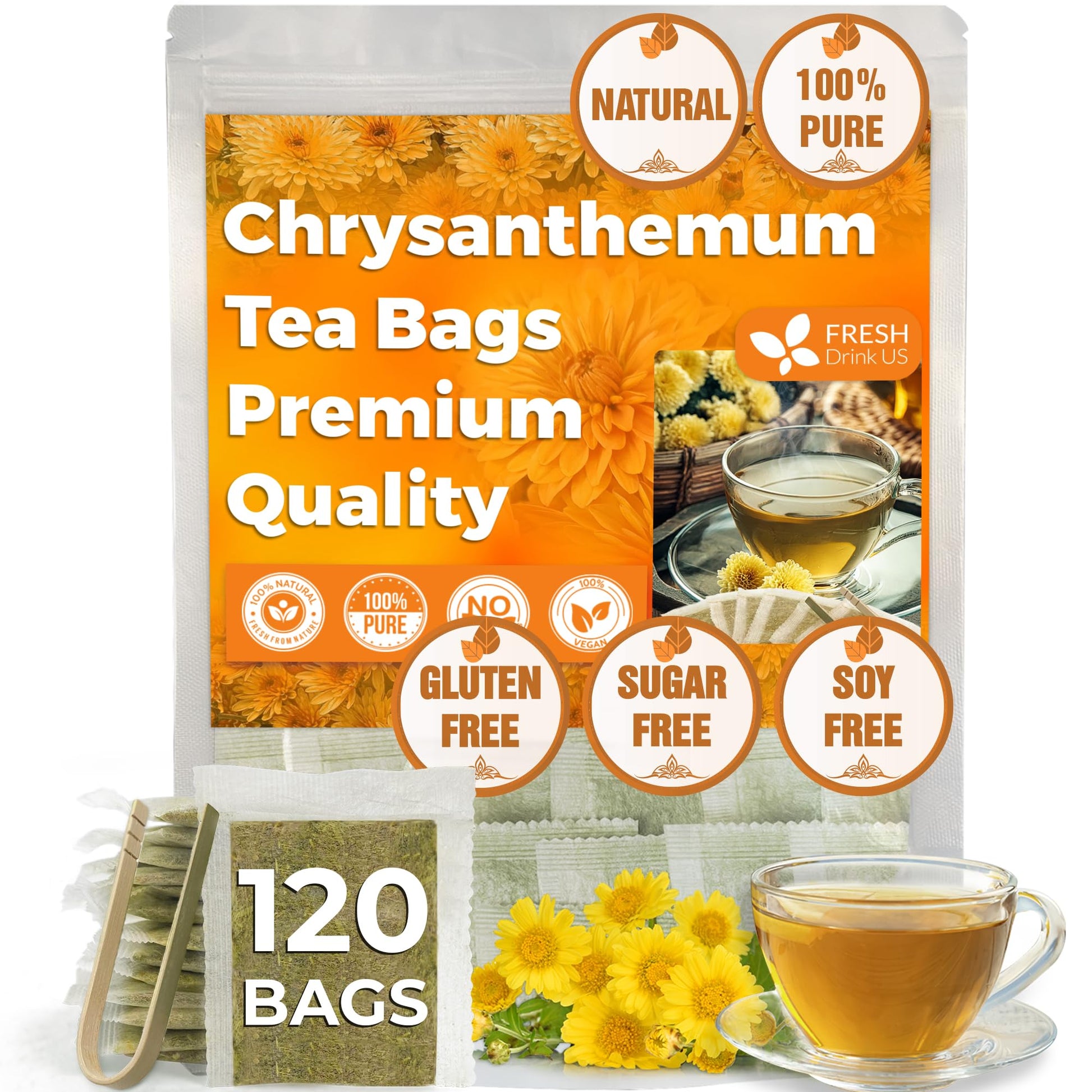 FRESHDRINKUS Chrysanthemum Flower Tea Bags - 120 Count, 100% Natural, Herbal, Vegan, No Sugar, No Caffeine, Eco-Conscious