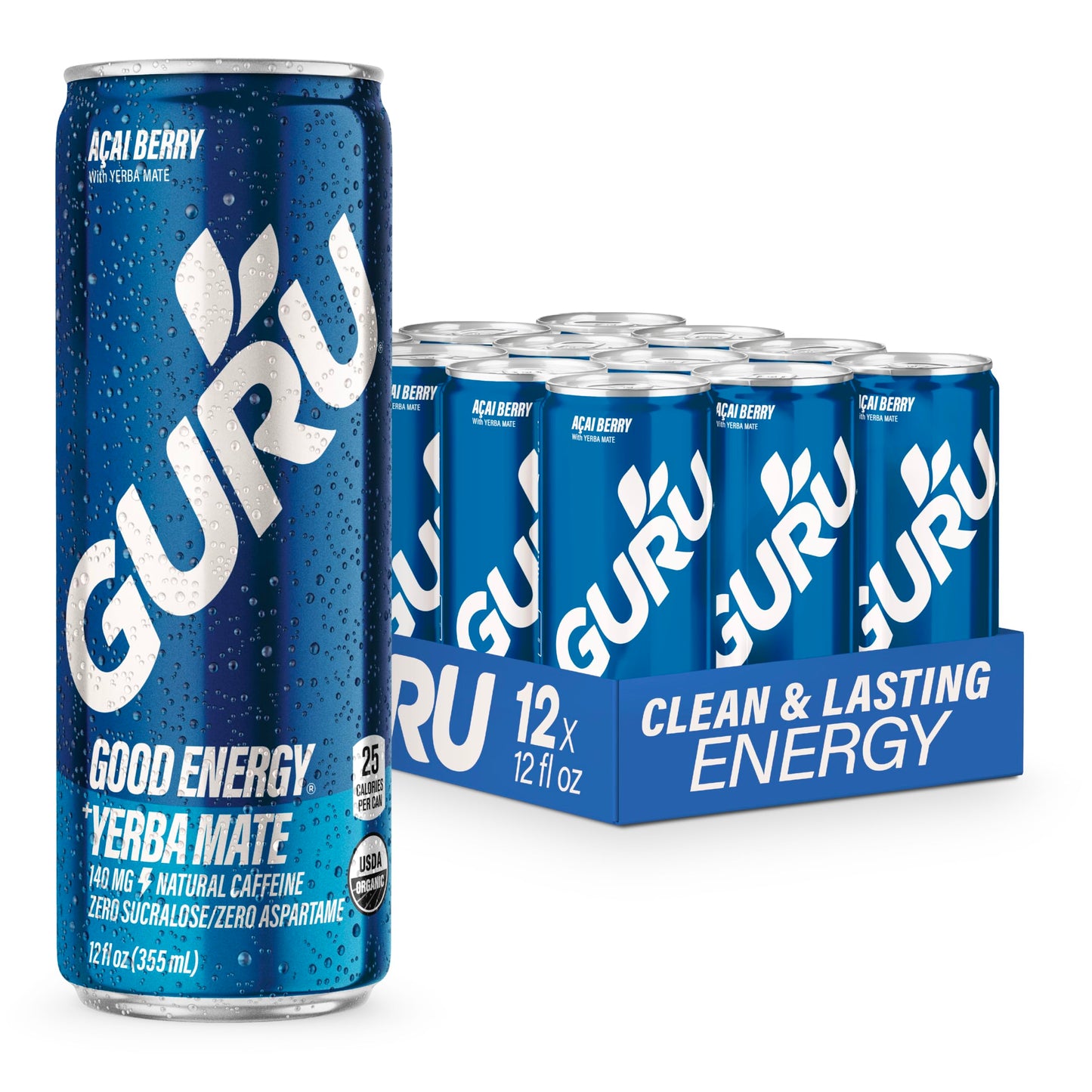 GURU Organic Yerba Mate Energy Drink, Low Calorie, 140mg Caffeine, Acai Berry, 12oz (Pack of 12), Natural