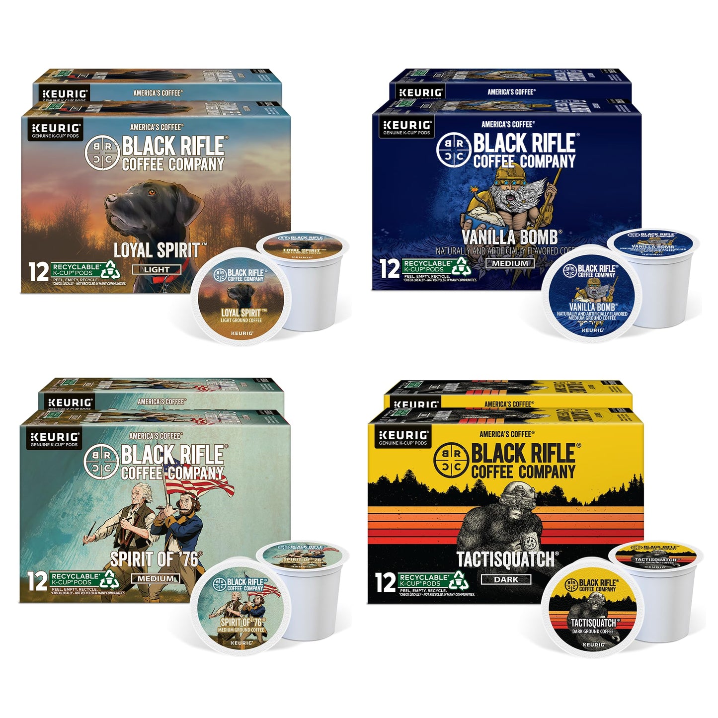 Black  Coffee Flavored Variety 96 Pods - Loyal Spirit (Light Roast)  Vanilla   & Spirit of 76 (Medium Roast)  and Tactisquatch (Dark Roast) - K Cups Coffee Variety Pack