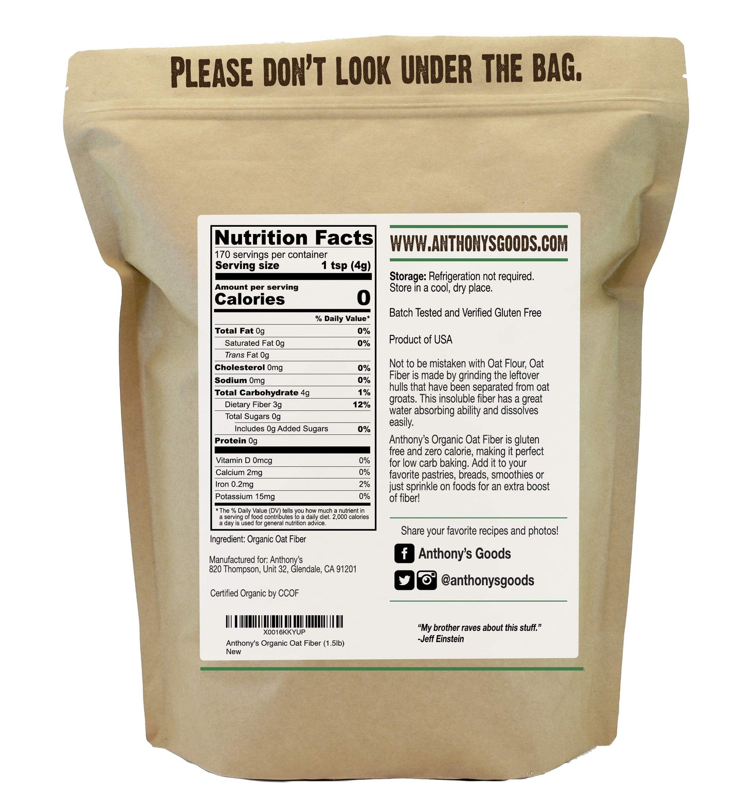 Anthony'S Organic Oat Fiber, 1.5 Lb, Gluten Free, Non Gmo, Keto Friendly, Product Of Usa