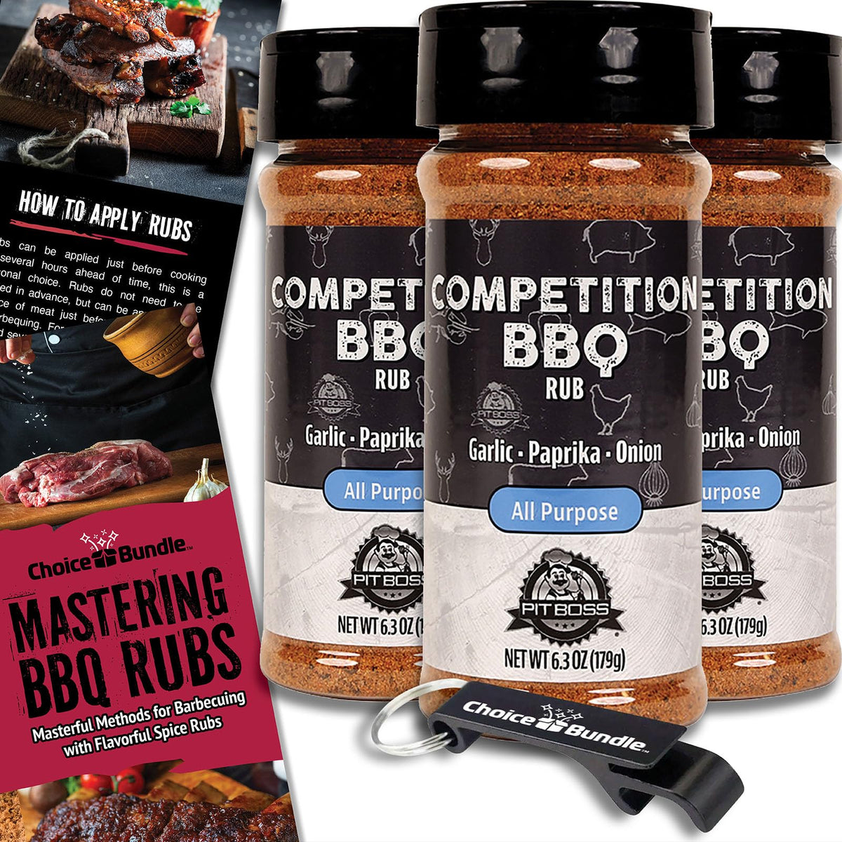 Pit Boss BBQ All Purpose Seasoning Spice & Rub 3 Pack Bundle (18.9 oz) with Guide & Keychain Opener