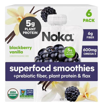 Noka Superfood Fruit Smoothie Pouches, Blackberry Vanilla, Healthy Snacks with Flax Seed, Plant Protein and Prebiotic Fiber, Veg