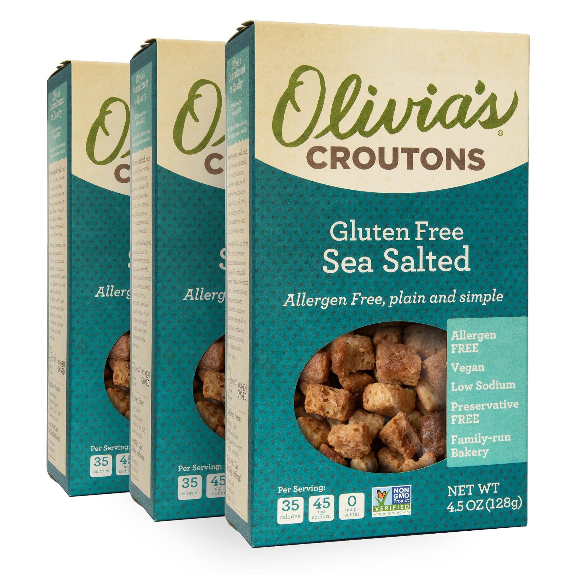 Olivias Gluten Free Sea Salt Flavor Croutons For Salad - Crunchy Garlic Soup Crouton - Made From Allergen Free & Gluten-Free Artisan Bread -Vegetarian  Made In Usa  4.5 Oz (Pack Of 3)