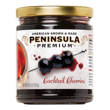 PENINSULA PREMIUM Cocktail Cherries - Gourmet, Sweet-Tart Flavor, 10.5 Ounce, Deep Burgundy-Red, Silky Smooth Syrup