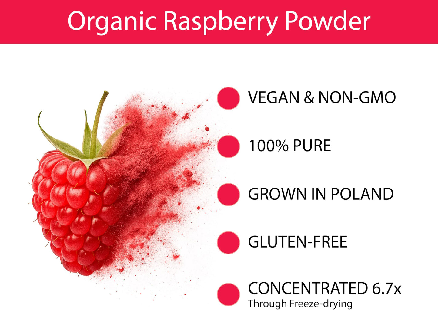 KOYAH - Organic Raspberry Powder 30 Servings (1 Scoop = 15 Raspberries), Freeze-Dried, Whole-Berry Powder, Equivalent to 450 Ras