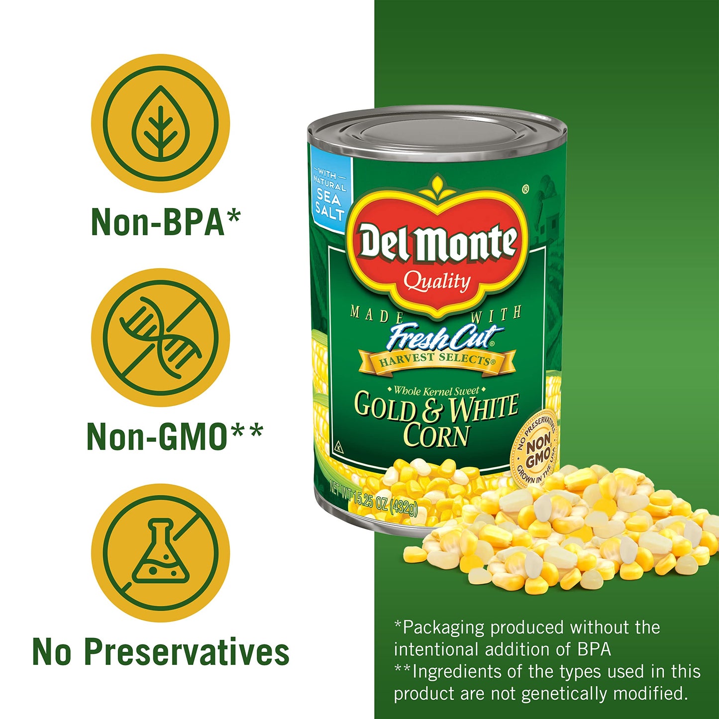Del Monte Canned Harvest Select Fresh Cut Whole Kernel Sweet Gold & White Corn, 15.25 Ounce (Pack Of 12)